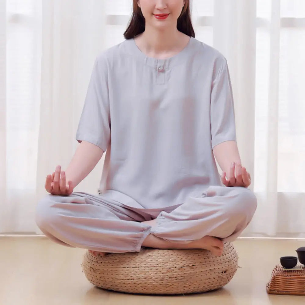BWOOOH 2Pcs Half Sleeve T-Shirt Pants Meditation Zen Tai Chi Cotton Linen Clothing Unisex Set - Gray(Top&amp;Pants)