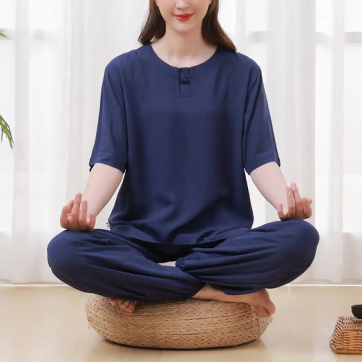 BWOOOH 2Pcs Half Sleeve T-Shirt Pants Meditation Zen Tai Chi Cotton Linen Clothing Unisex Set - Navy Blue(Top&amp;Pants)