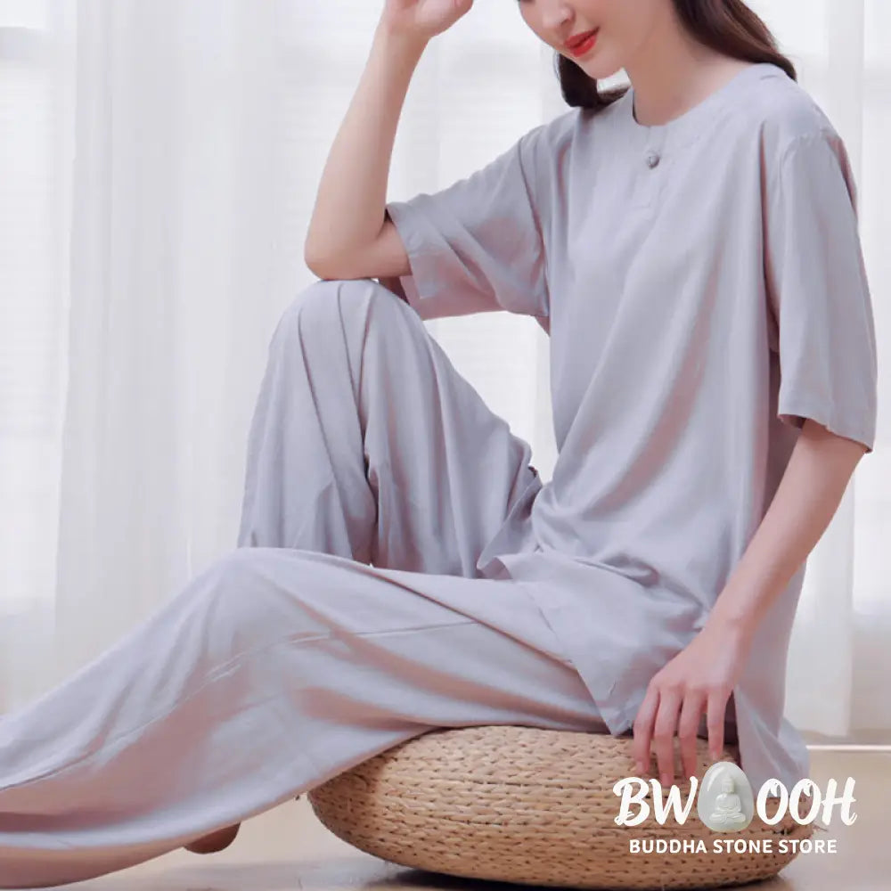 BWOOOH 2Pcs Half Sleeve T-Shirt Pants Meditation Zen Tai Chi Cotton Linen Clothing Unisex Set - Women’s Meditation Cloth