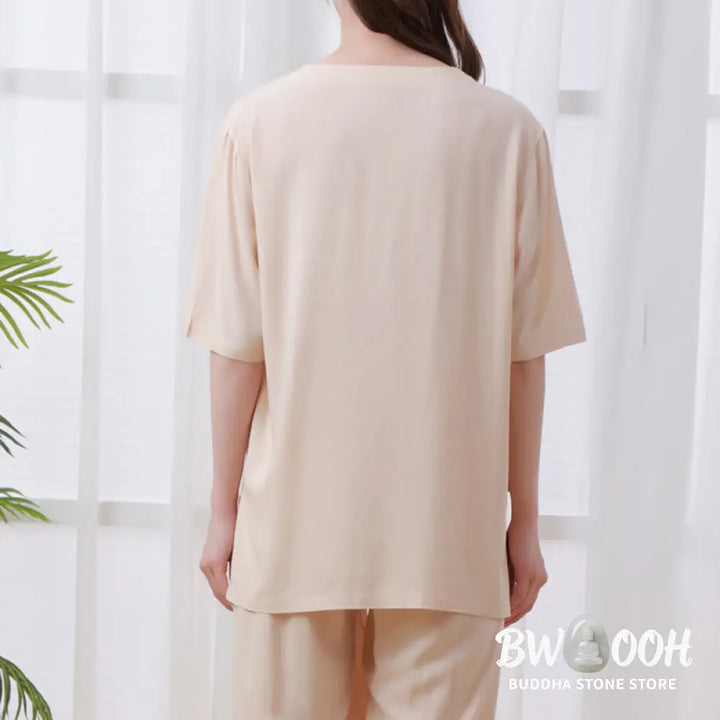 BWOOOH 2Pcs Half Sleeve T-Shirt Pants Meditation Zen Tai Chi Cotton Linen Clothing Unisex Set - Women’s Meditation Cloth
