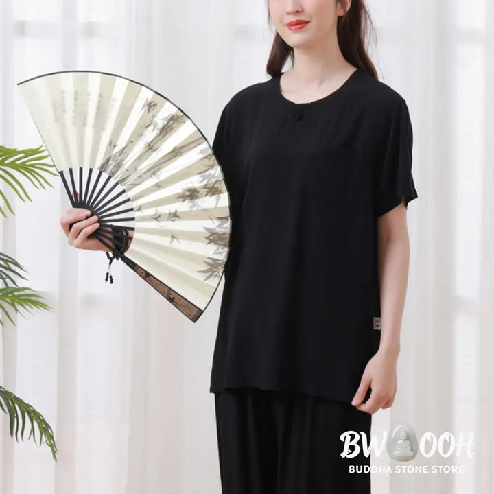 BWOOOH 2Pcs Half Sleeve T-Shirt Pants Meditation Zen Tai Chi Cotton Linen Clothing Unisex Set - Women’s Meditation Cloth