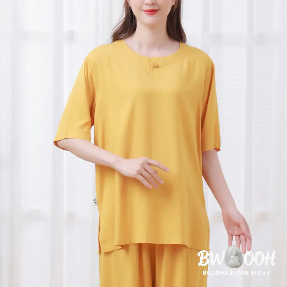 BWOOOH 2Pcs Half Sleeve T-Shirt Pants Meditation Zen Tai Chi Cotton Linen Clothing Unisex Set - Women’s Meditation Cloth