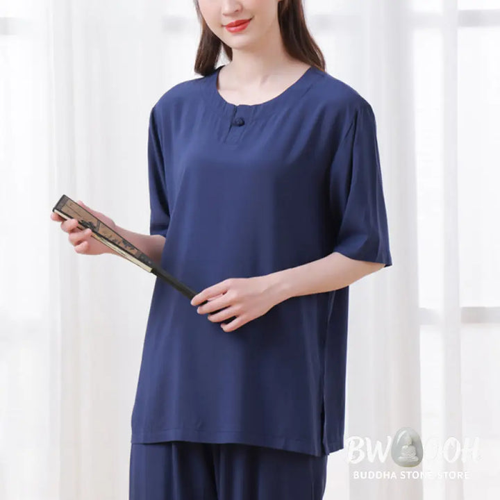 BWOOOH 2Pcs Half Sleeve T-Shirt Pants Meditation Zen Tai Chi Cotton Linen Clothing Unisex Set - Women’s Meditation Cloth