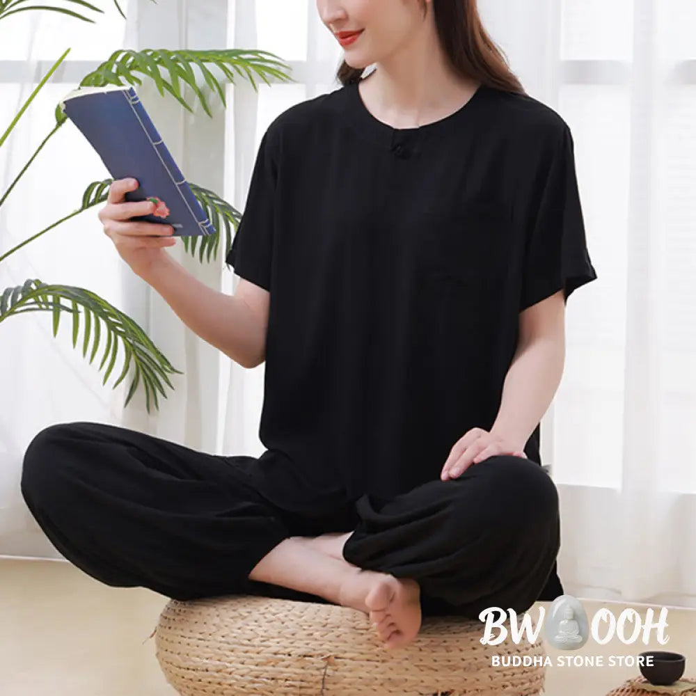 BWOOOH 2Pcs Half Sleeve T-Shirt Pants Meditation Zen Tai Chi Cotton Linen Clothing Unisex Set - Women’s Meditation Cloth