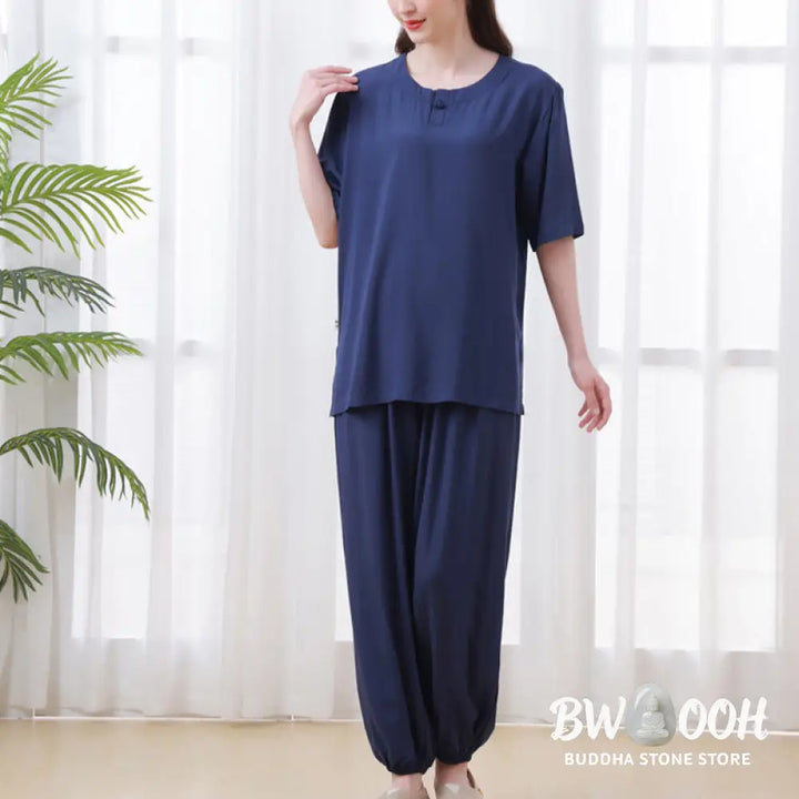 BWOOOH 2Pcs Half Sleeve T-Shirt Pants Meditation Zen Tai Chi Cotton Linen Clothing Unisex Set - Women’s Meditation Cloth