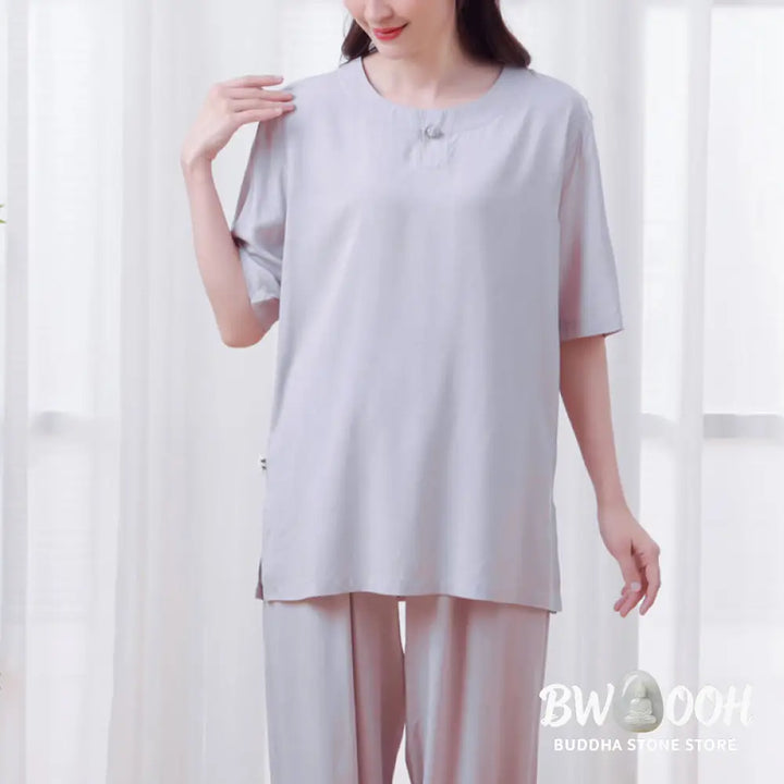 BWOOOH 2Pcs Half Sleeve T-Shirt Pants Meditation Zen Tai Chi Cotton Linen Clothing Unisex Set - Women’s Meditation Cloth