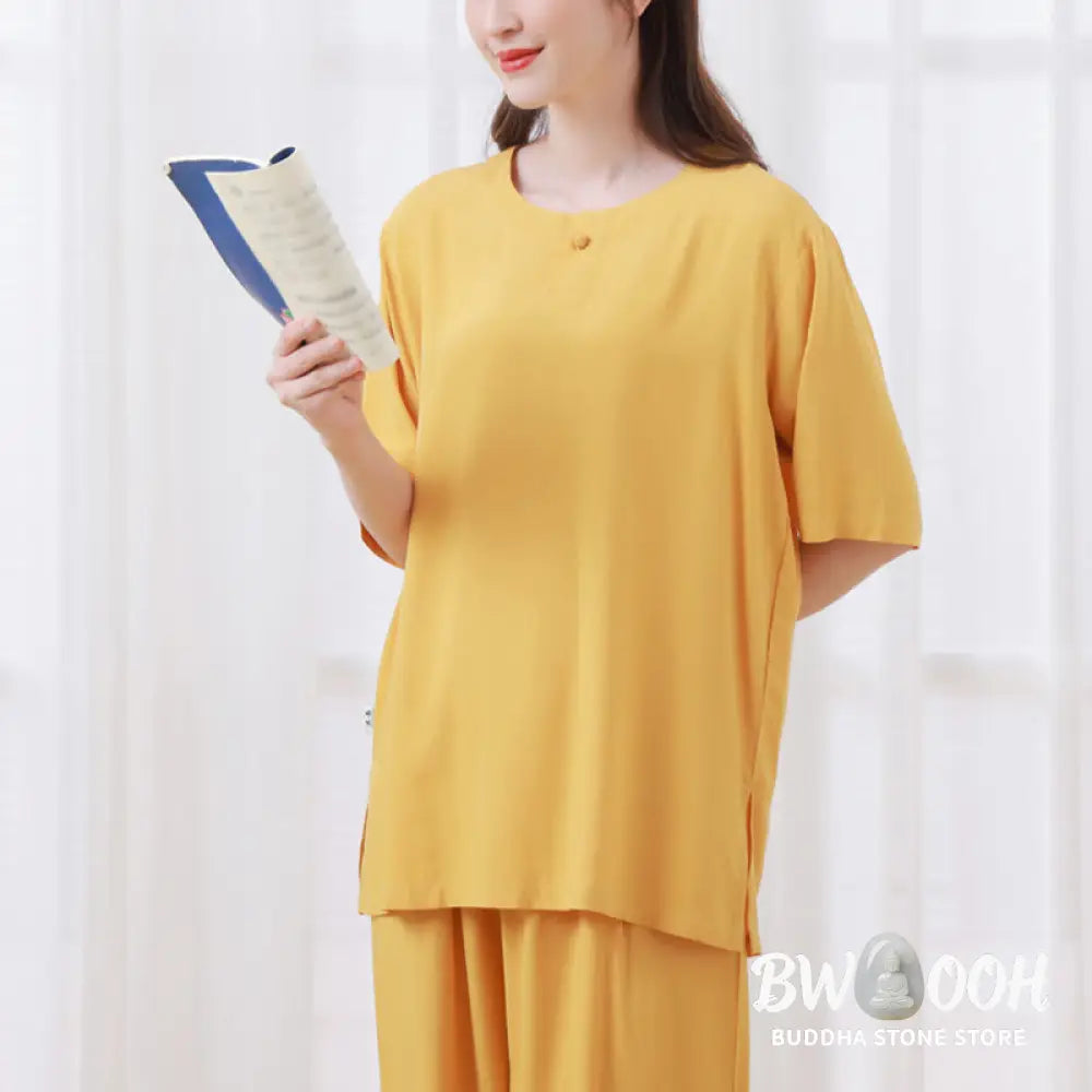 BWOOOH 2Pcs Half Sleeve T-Shirt Pants Meditation Zen Tai Chi Cotton Linen Clothing Unisex Set - Women’s Meditation Cloth