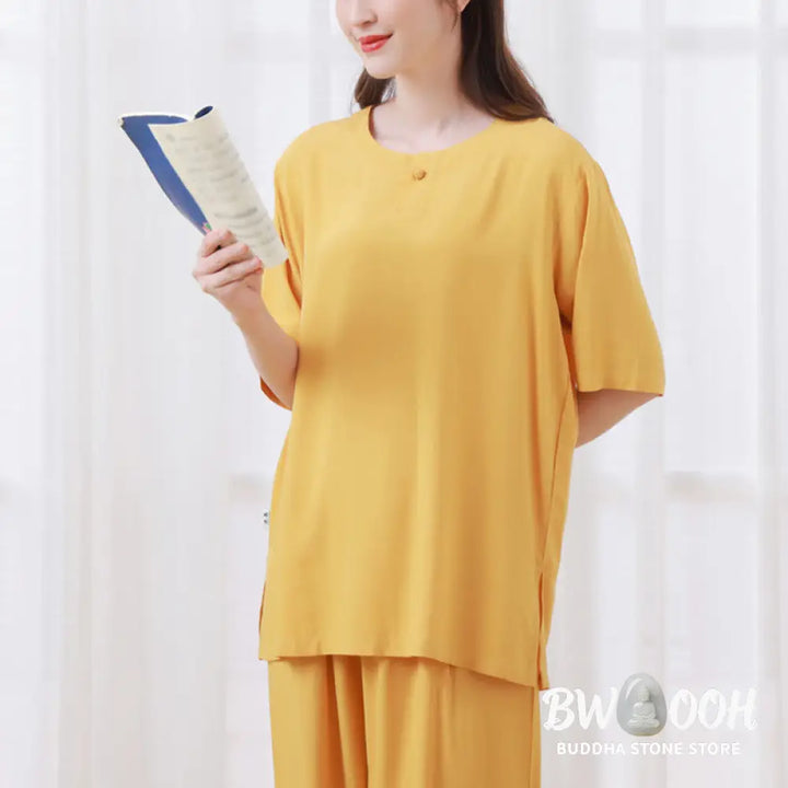 BWOOOH 2Pcs Half Sleeve T-Shirt Pants Meditation Zen Tai Chi Cotton Linen Clothing Unisex Set - Women’s Meditation Cloth