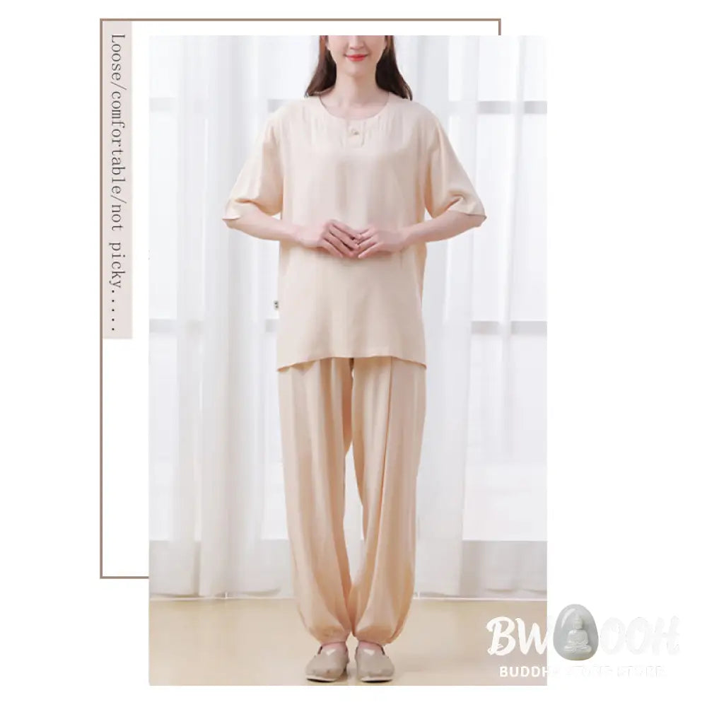 BWOOOH 2Pcs Half Sleeve T-Shirt Pants Meditation Zen Tai Chi Cotton Linen Clothing Unisex Set - Women’s Meditation Cloth
