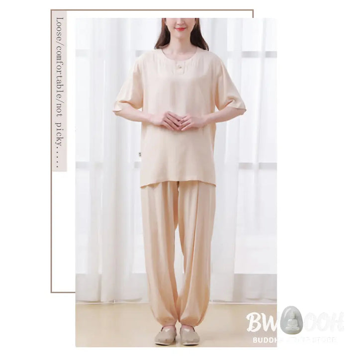 BWOOOH 2Pcs Half Sleeve T-Shirt Pants Meditation Zen Tai Chi Cotton Linen Clothing Unisex Set - Women’s Meditation Cloth