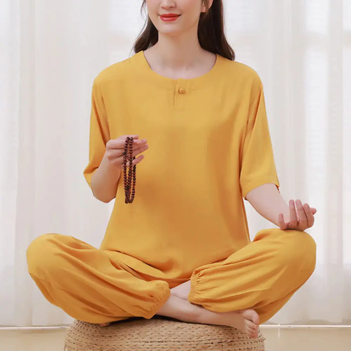BWOOOH 2Pcs Half Sleeve T-Shirt Pants Meditation Zen Tai Chi Cotton Linen Clothing Unisex Set - Yellow(Top&amp;Pants)