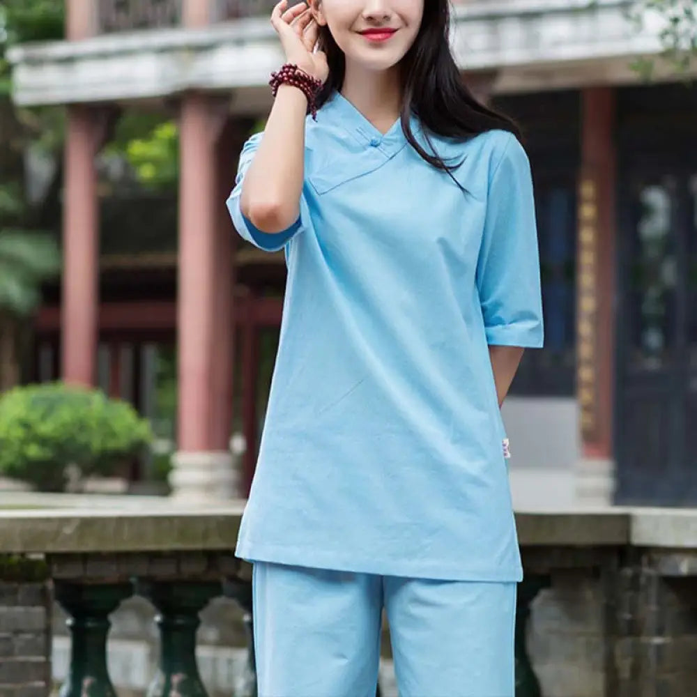 BWOOOH 2Pcs Half Sleeve V-Neck Shirt Top Pants Meditation Zen Tai Chi Linen Clothing Women’s Set - Blue(Top&amp;Pants)