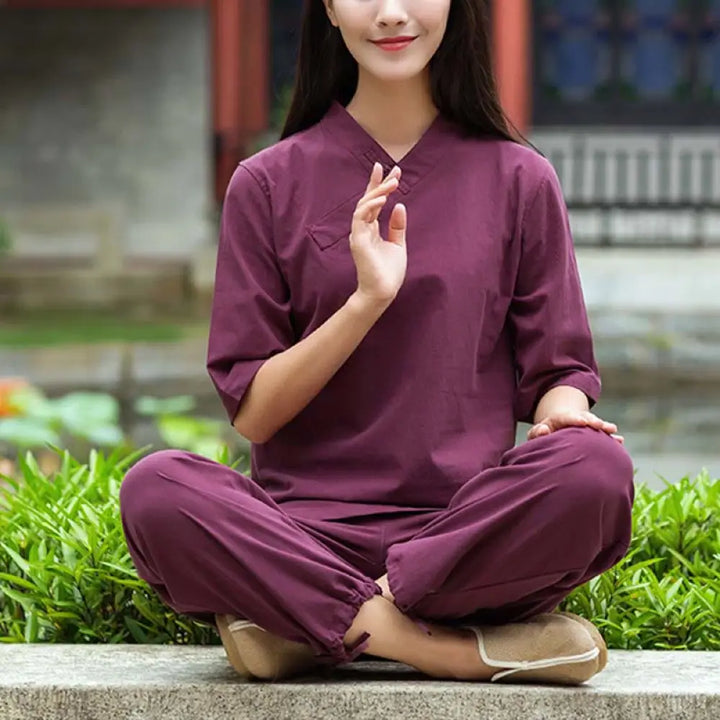 BWOOOH 2Pcs Half Sleeve V-Neck Shirt Top Pants Meditation Zen Tai Chi Linen Clothing Women’s Set - Burgundy(Top&amp;Pants)