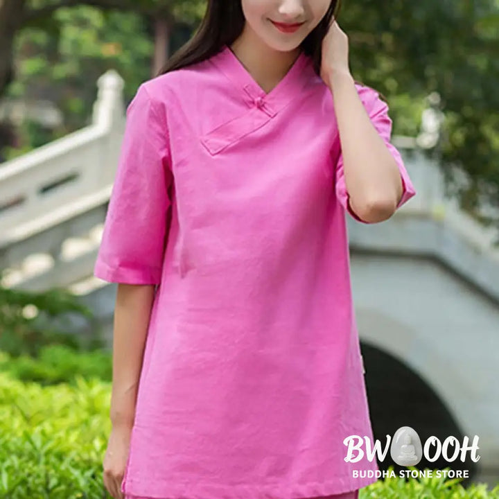 BWOOOH 2Pcs Half Sleeve V-Neck Shirt Top Pants Meditation Zen Tai Chi Linen Clothing Women’s Set - Women’s Meditation