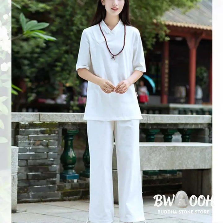 BWOOOH 2Pcs Half Sleeve V-Neck Shirt Top Pants Meditation Zen Tai Chi Linen Clothing Women’s Set - Women’s Meditation