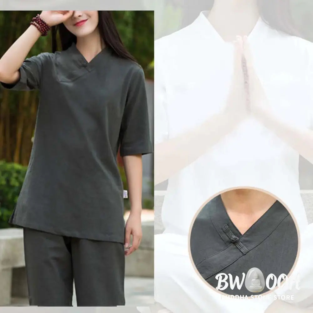BWOOOH 2Pcs Half Sleeve V-Neck Shirt Top Pants Meditation Zen Tai Chi Linen Clothing Women’s Set - Women’s Meditation