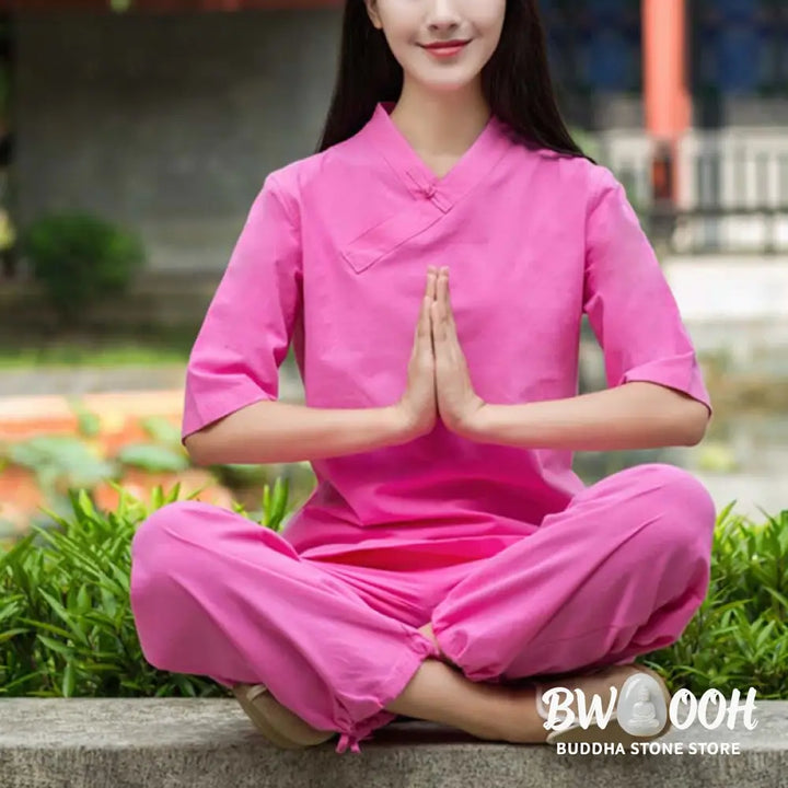 BWOOOH 2Pcs Half Sleeve V-Neck Shirt Top Pants Meditation Zen Tai Chi Linen Clothing Women’s Set - Women’s Meditation
