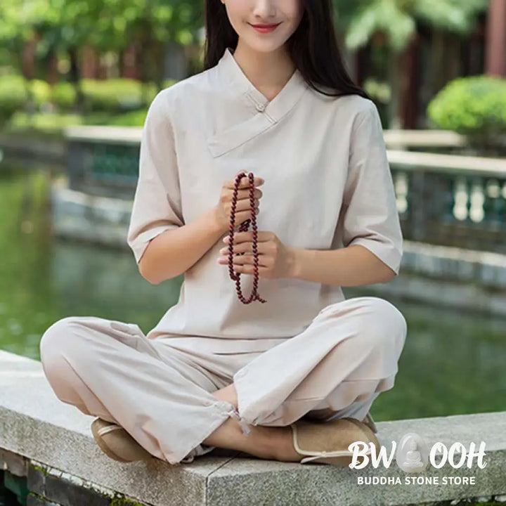 BWOOOH 2Pcs Half Sleeve V-Neck Shirt Top Pants Meditation Zen Tai Chi Linen Clothing Women’s Set - Women’s Meditation