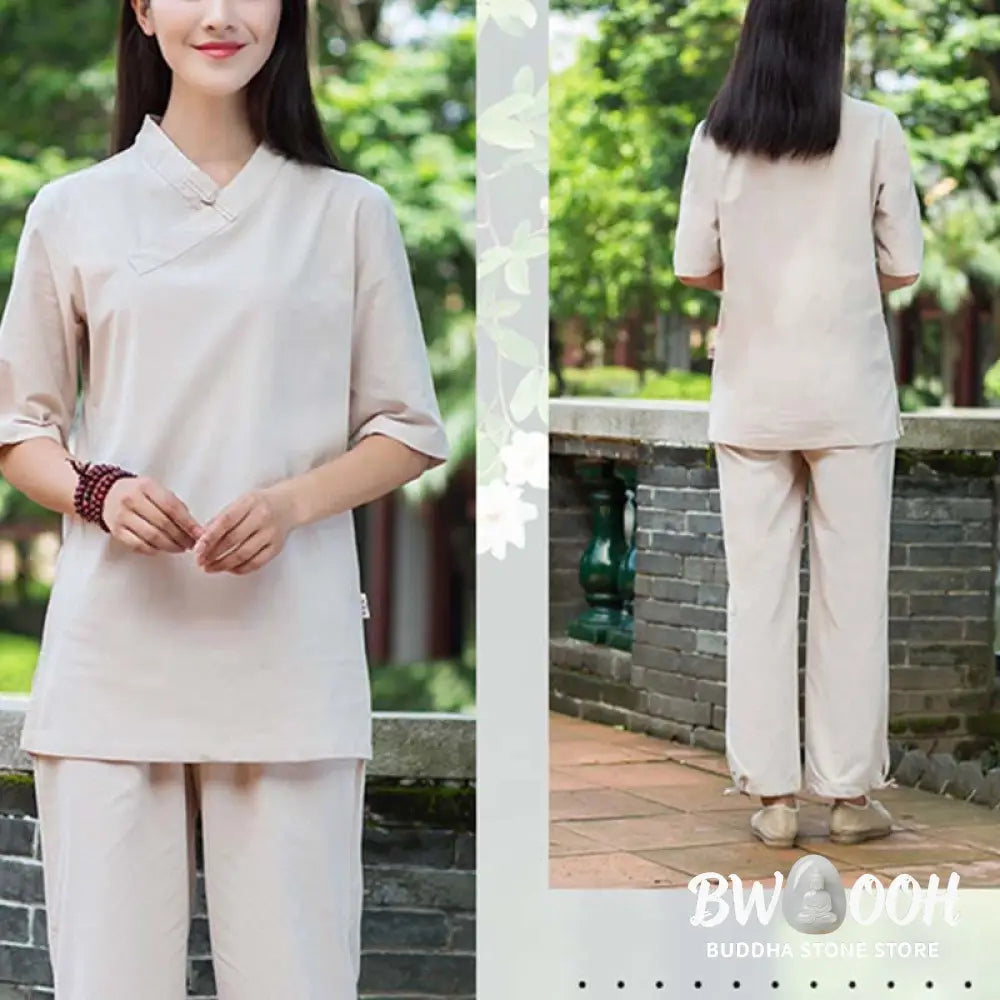 BWOOOH 2Pcs Half Sleeve V-Neck Shirt Top Pants Meditation Zen Tai Chi Linen Clothing Women’s Set - Women’s Meditation