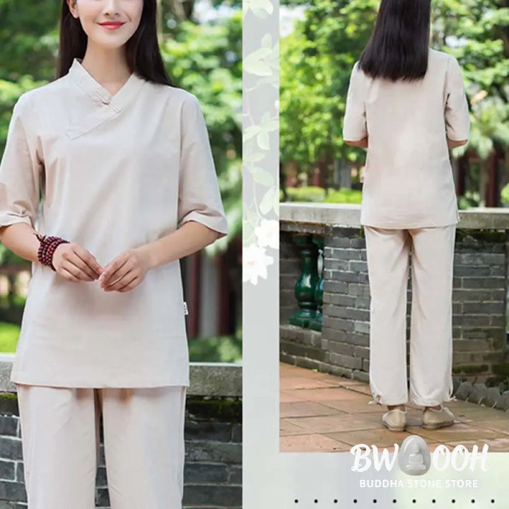 BWOOOH 2Pcs Half Sleeve V-Neck Shirt Top Pants Meditation Zen Tai Chi Linen Clothing Women’s Set - Women’s Meditation