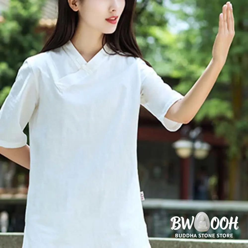 BWOOOH 2Pcs Half Sleeve V-Neck Shirt Top Pants Meditation Zen Tai Chi Linen Clothing Women’s Set - Women’s Meditation