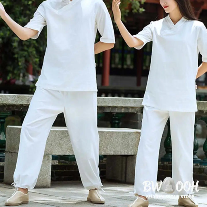 BWOOOH 2Pcs Half Sleeve V-Neck Shirt Top Pants Meditation Zen Tai Chi Linen Clothing Women’s Set - Women’s Meditation
