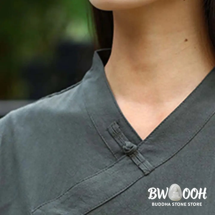BWOOOH 2Pcs Half Sleeve V-Neck Shirt Top Pants Meditation Zen Tai Chi Linen Clothing Women’s Set - Women’s Meditation