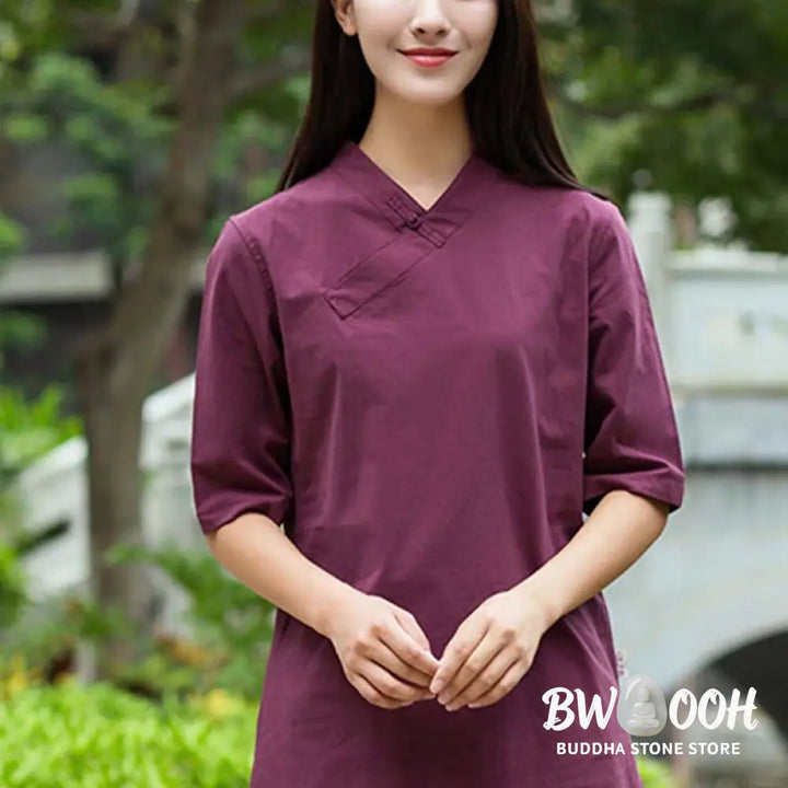BWOOOH 2Pcs Half Sleeve V-Neck Shirt Top Pants Meditation Zen Tai Chi Linen Clothing Women’s Set - Women’s Meditation