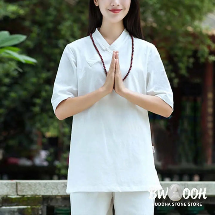 BWOOOH 2Pcs Half Sleeve V-Neck Shirt Top Pants Meditation Zen Tai Chi Linen Clothing Women’s Set - Women’s Meditation