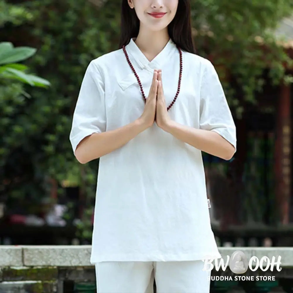 BWOOOH 2Pcs Half Sleeve V-Neck Shirt Top Pants Meditation Zen Tai Chi Linen Clothing Women’s Set - Women’s Meditation