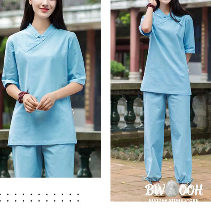 BWOOOH 2Pcs Half Sleeve V-Neck Shirt Top Pants Meditation Zen Tai Chi Linen Clothing Women’s Set - Women’s Meditation