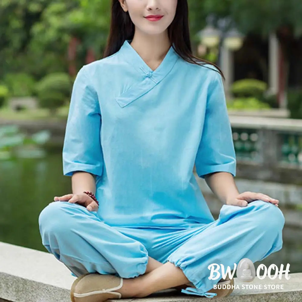 BWOOOH 2Pcs Half Sleeve V-Neck Shirt Top Pants Meditation Zen Tai Chi Linen Clothing Women’s Set - Women’s Meditation
