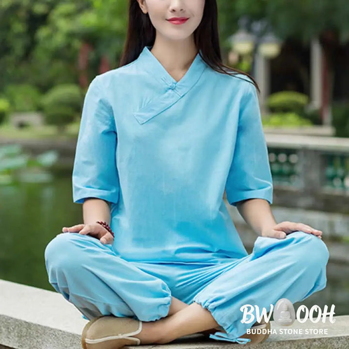 BWOOOH 2Pcs Half Sleeve V-Neck Shirt Top Pants Meditation Zen Tai Chi Linen Clothing Women’s Set - Women’s Meditation