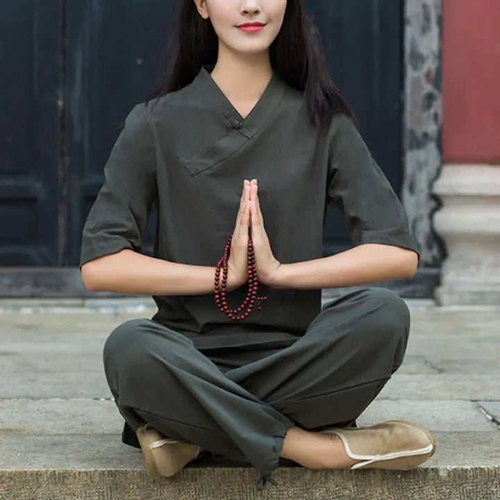 BWOOOH 2Pcs Half Sleeve V-Neck Shirt Top Pants Meditation Zen Tai Chi Linen Clothing Women’s Set - Gray(Top&amp;Pants)