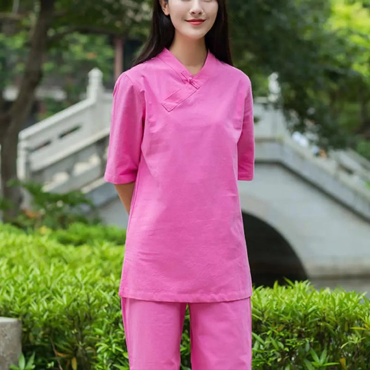 BWOOOH 2Pcs Half Sleeve V-Neck Shirt Top Pants Meditation Zen Tai Chi Linen Clothing Women’s Set - Rose Red(Top&amp;Pants)