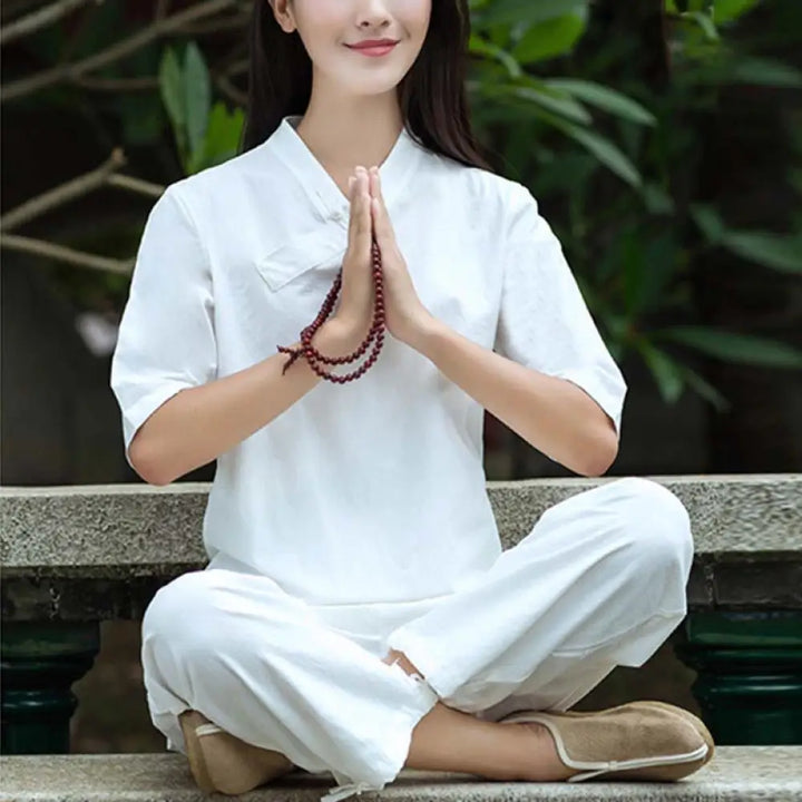 BWOOOH 2Pcs Half Sleeve V-Neck Shirt Top Pants Meditation Zen Tai Chi Linen Clothing Women’s Set - White(Top&amp;Pants)