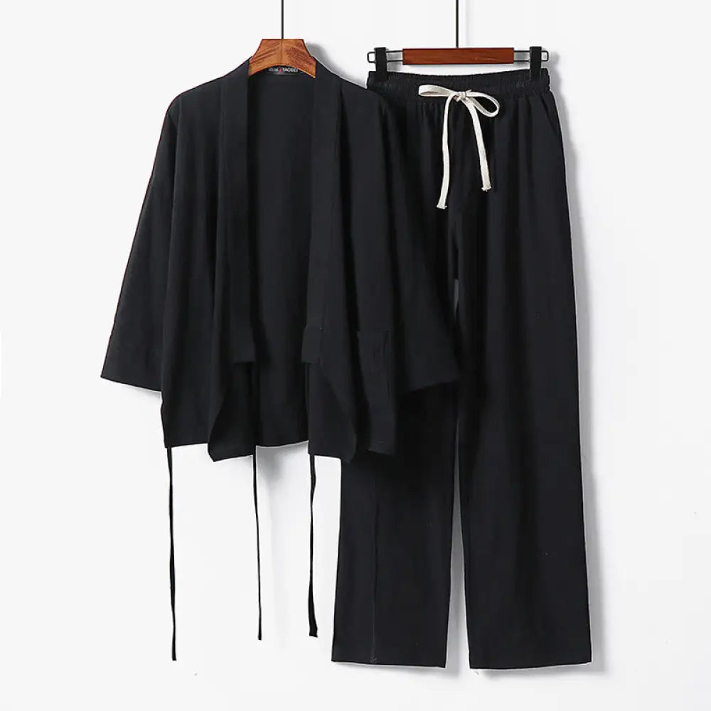 BWOOOH 2Pcs Lace-up Cotton Kimono Pants With Pockets Men’s Meditation Cloth Set - Black / US/UK/AU36，EU46 (L) - Men’s
