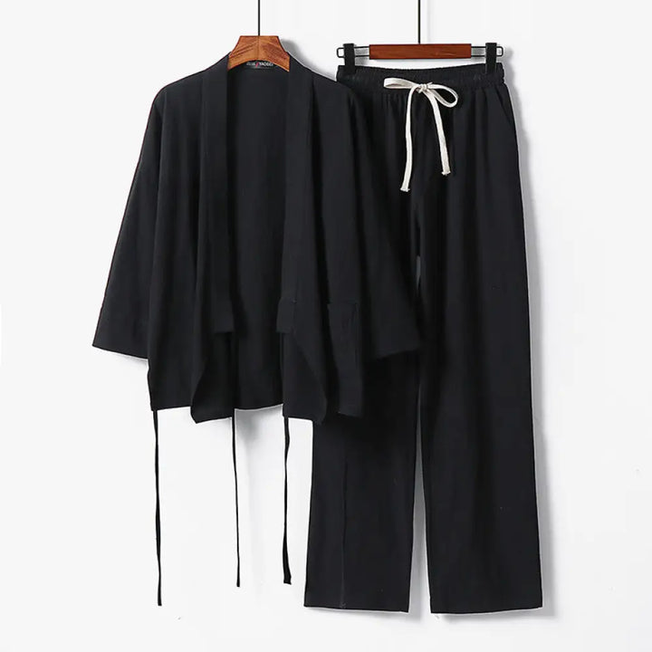 BWOOOH 2Pcs Lace-up Cotton Kimono Pants With Pockets Men’s Meditation Cloth Set - Black / US/UK/AU36，EU46 (L) - Men’s