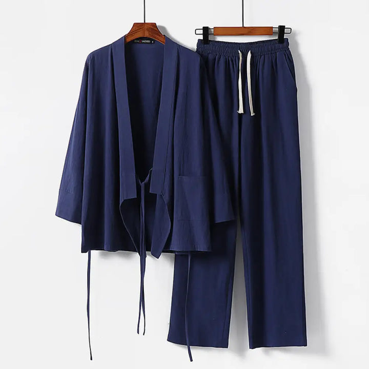 BWOOOH 2Pcs Lace-up Cotton Kimono Pants With Pockets Men’s Meditation Cloth Set - SteelBlue / US/UK/AU36，EU46 (L)