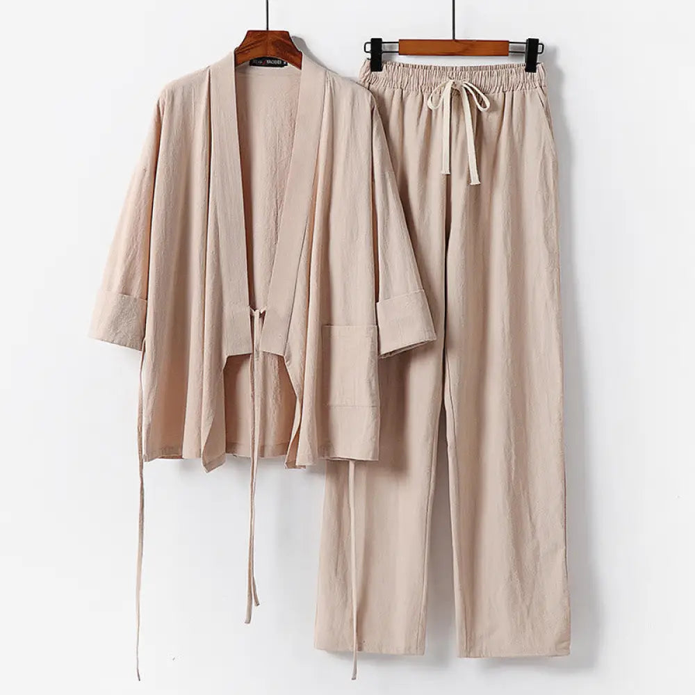 BWOOOH 2Pcs Lace-up Cotton Kimono Pants With Pockets Men’s Meditation Cloth Set - Wheat / US/UK/AU36，EU46 (L) - Men’s