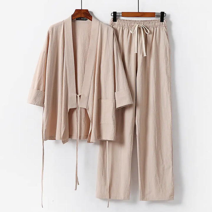 BWOOOH 2Pcs Lace-up Cotton Kimono Pants With Pockets Men’s Meditation Cloth Set - Wheat / US/UK/AU36，EU46 (L) - Men’s