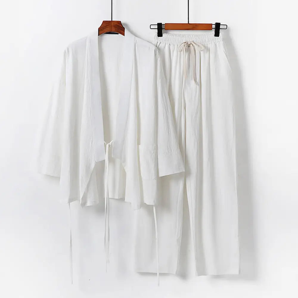 BWOOOH 2Pcs Lace-up Cotton Kimono Pants With Pockets Men’s Meditation Cloth Set - White / US/UK/AU36，EU46 (L) - Men’s