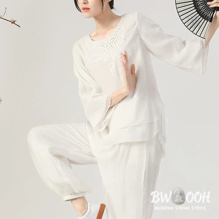 BWOOOH 2Pcs Long Sleeve Frog-Button Meditation Prayer Zen Practice Tai Chi Uniform Clothing Women’s Set - Clothes