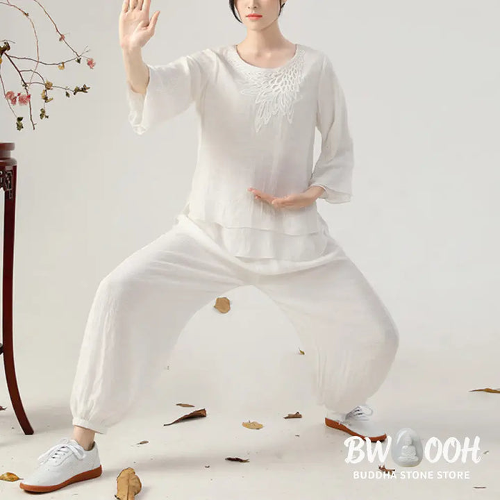BWOOOH 2Pcs Long Sleeve Frog-Button Meditation Prayer Zen Practice Tai Chi Uniform Clothing Women’s Set - Clothes