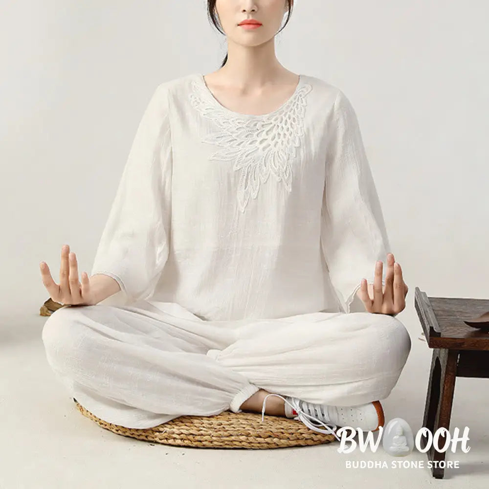 BWOOOH 2Pcs Long Sleeve Frog-Button Meditation Prayer Zen Practice Tai Chi Uniform Clothing Women’s Set - Clothes