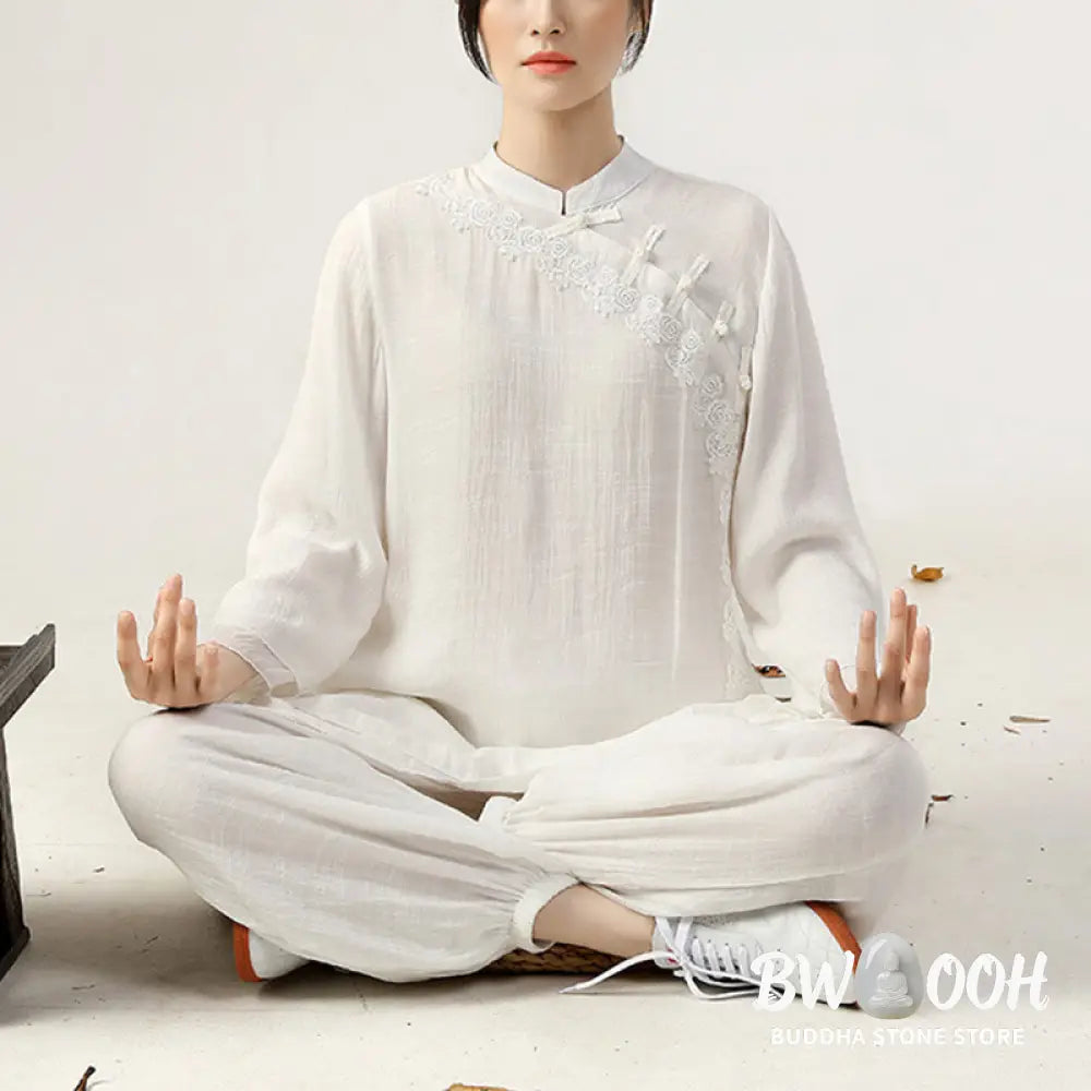 BWOOOH 2Pcs Long Sleeve Frog-Button Meditation Prayer Zen Practice Tai Chi Uniform Clothing Women’s Set - Clothes