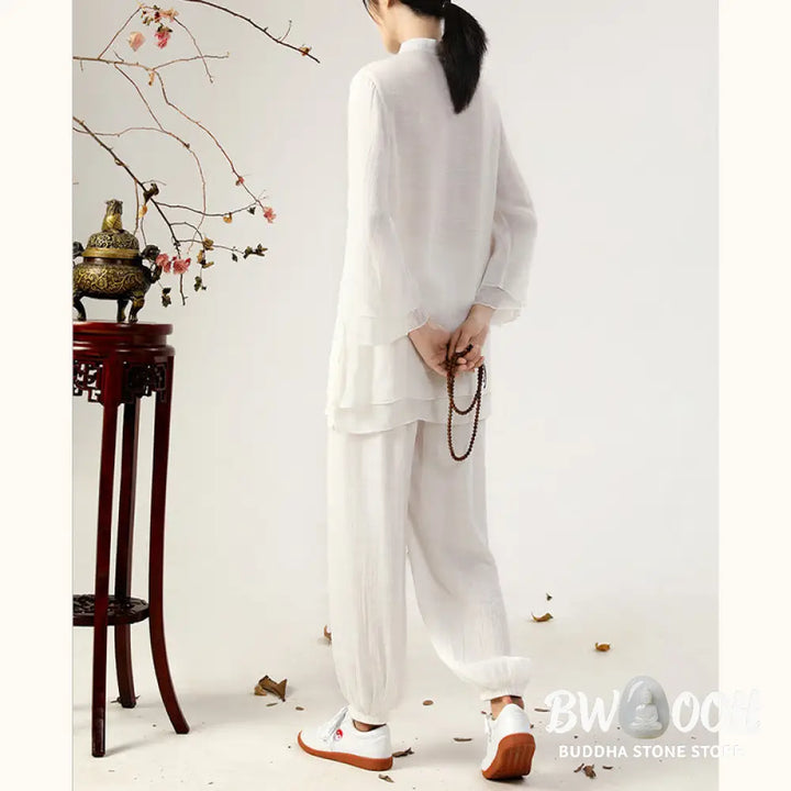BWOOOH 2Pcs Long Sleeve Frog-Button Meditation Prayer Zen Practice Tai Chi Uniform Clothing Women’s Set - Clothes