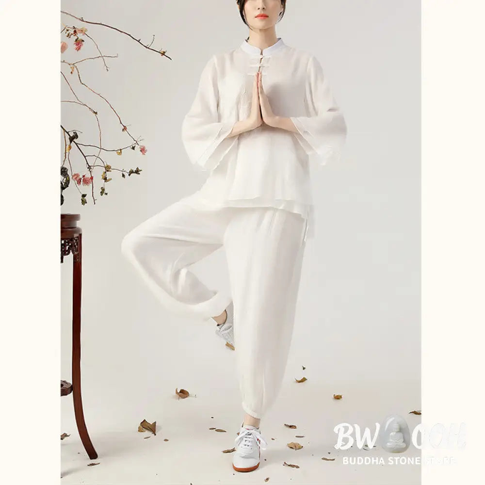 BWOOOH 2Pcs Long Sleeve Frog-Button Meditation Prayer Zen Practice Tai Chi Uniform Clothing Women’s Set - Clothes