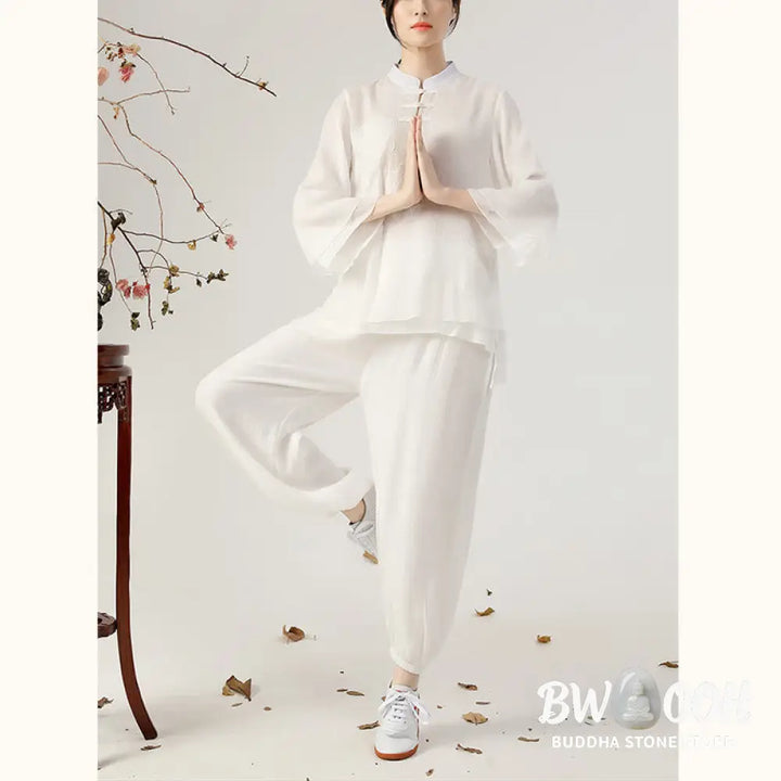 BWOOOH 2Pcs Long Sleeve Frog-Button Meditation Prayer Zen Practice Tai Chi Uniform Clothing Women’s Set - Clothes