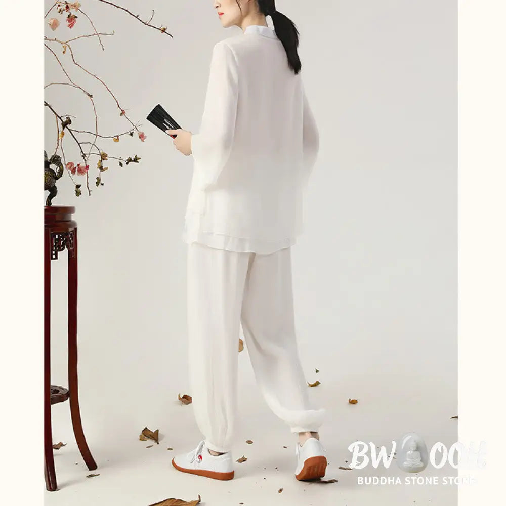 BWOOOH 2Pcs Long Sleeve Frog-Button Meditation Prayer Zen Practice Tai Chi Uniform Clothing Women’s Set - Clothes